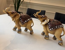 Pair of Vintage Feng Shui Lucky Elephant Statues – Trunk Up Resin Figurines picture