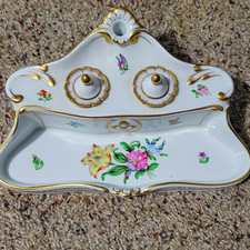 Vintage Herend Hungary Hand Painted Porcelain Double Inkwell Desk Set 7802 picture