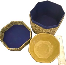 Signed Japanese Mishima Ceramic Tea Bowl Hand Painted Floral Chawan Brocade Box picture