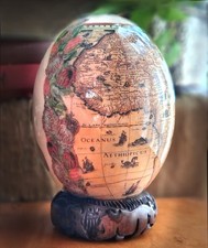 Vintage Decoupage Ostrich Egg Africa Map Elephant Animals Carved Wood Stand picture