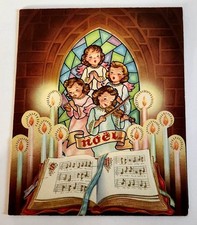 Vintage 1940s Christmas Card Angel Choir Noel Stained Glass Die Cut Church (USED picture