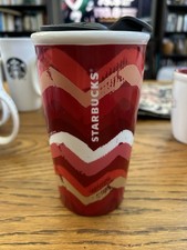 Starbucks 2014 Red Chevron Double-Wall Ceramic Tumbler With Lid picture