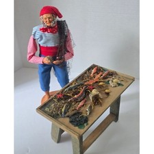 Vintage French Santon de Provence Dressed Fisherman with Fish Market Stall Set picture