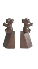 Vtg 1930s San Karmer Paris Hand-Carved Wood Big Eyes Dog? Bookends Art Deco Pair picture
