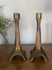 Pair Of Mid Century Modern Walnut And Brass Candlesticks Made In Israel picture
