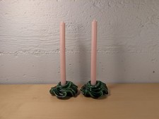 Vintage Mid Century Green Drip Glaze Ceramic Rose Taper Candle Holders, Set of 2 picture