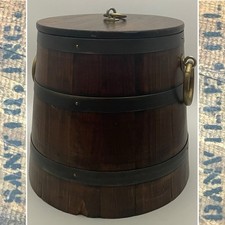 Santiq Primitive Wood Ice Barrel Cooler Bucket w/Celluloid Liner c1920s USA 13”t picture