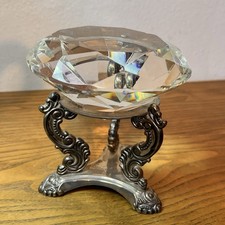 Vtg Large Crystal Diamond Paperweight & Stand Heavy Solid Multifaceted picture