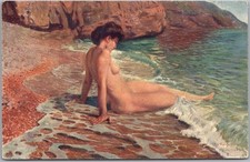 c1910s Artist-Signed F. Wygrzywalski Postcard Topless Woman on Beach in Surf picture