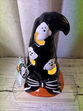 Ceramic Pierced Led Light Up Witch's Hat Flying Ghost Figurine 6” Halloween picture