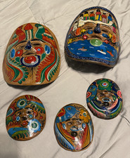 Vintage Handmade Mexican Folk Art Hand Painted Terracotta Clay Masks Wall Hangin picture