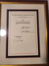 1987 Ronald Reagan S.860 Stars & Stripes Forever Enrolled Bill Facsimile Framed picture