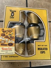 NIB Vintage West Bend Insulated 6 Coffee Mugs Cups Thermo-Serv Gold Black 7 oz picture