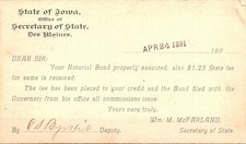 Postal Card IA Des Moines Office Secretary of State Notarial Bond UX10 1891 V237 picture