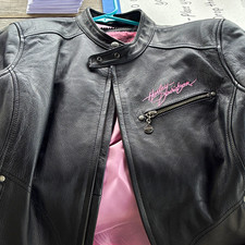 Harley-Davidson Women's Black Leather Jacket Pink Lining Embroidered Logo L picture