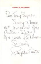 3 x 5 Card Signed w/ Autograph - Phyllis Thaxter Signed Note picture