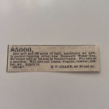 $5000 Saw Mill & 250 Acres Of Land Machinery BF Crane 1872 NJ Clipping TAJ7-S9 picture