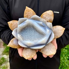 2.27LB Natural Agate Geode Carved Lotus Flower, Hand Carved Healing Crystal Home picture