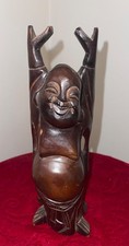 Buddha Laughing Big Belly Wood Statue Celebration Arms Raised Above Head Vtg 9