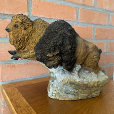 Pair of Charging Buffalo Resin Figurine Sculpture Brown/Black Approx 9 in Long picture