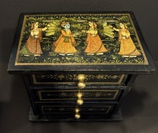 VINTAGE Hand Painted Three Drawer Wood Jewelry Trinket Box India Krishna Scenes picture