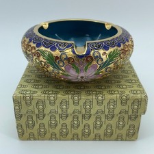 Chinese Cloisonne Ashtray Floral Brass Enamel Gold Blue Pink 3.75in NEW Box picture