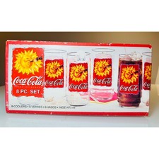 Vintage 1995 Coca-Cola Sun Drinking Coke 16oz Glass Set of 8 Indiana Glass picture