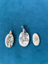 Lot of 3 Vintage Hand Etched Scrimshaw Pendants Deer and Floral Folk Art picture