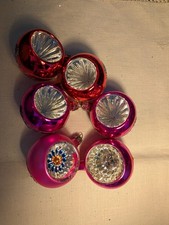6 Vtg Hand Blown  GLASS Ornaments Poland Indent Reflector Pink Red picture