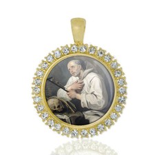 St Bruno Christian Round Medal Gold Tone Pendant with Rhinestones picture