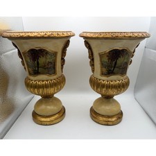 Vintage Hollywood Regency Gold Medici Urn Vase Pair Landscape Decor picture