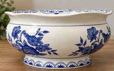 Large Vintage 12” Blue & White Floral Ceramic Bowl Scalloped Rim Chinoiserie picture