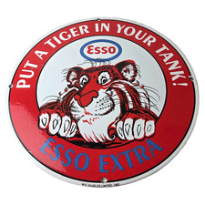 Vintage Esso Gasoline Sign - Tiger Gas Service Station Auto Tank Porcelain Sign picture