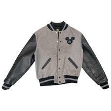 Vintage 1990s The Disney Store Employee Jacket Wool Coat Leather Gray Mickey Med picture
