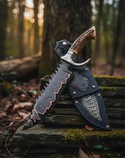 Custom Handmade Damascus Steel Copper Pattern Blade Hunting Stag Knife & Sheath. picture