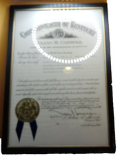 Kentucky commission Governor Julian Carroll signed 1975 framed certificate picture