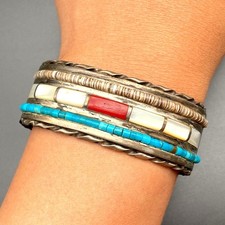 Vintage Zuni Native Turquoise Coral MOP Heishi Silver Cuff Bracelet 6-3/8