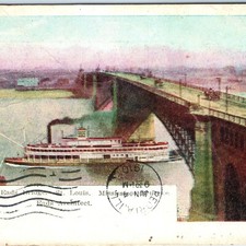 c1900s St. Louis, MO Eads Bridge Postcard Mississippi River Steamship Boat DB picture