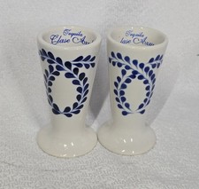 Clase Azul Tequila Ceramic Snifter Shot Glasses Hand Painted Set of 2 Blue White picture