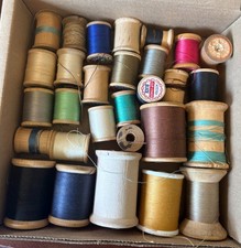 LOT of 29 Antique/Vintage Assorted Wooden Thread Spools with and without thread picture