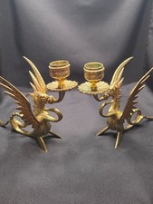 Vintage Brass Winged Griffin Dragon Candlestick Holders - Matching Pair picture