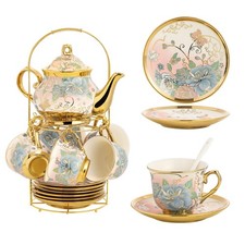 20 Pieces Porcelain Tea Set With Metal Holder, European Ceramic tea set for a... picture