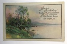 Heartiest Congratulations Health Wealth Happiness Lake Scene Karle Vintage PC picture