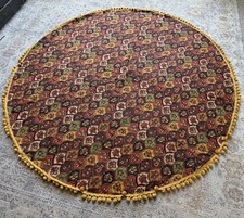 Vintage 60/70’s Mod Flower Power Tablecloth Blue Green Ball Fringe 80” Round picture