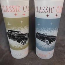 Vintage MCM Classic Cars Atomic Frosted Glass Tumblers Set of 2 picture