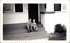 Two Young Brothers in Matching Shirts on Porch, 1950s Vintage Snapshot Photo picture