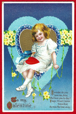 Vtg Clapsaddle Valentine Red Haired Girl in Blue Heart A/S PC Emb c1910 Unused picture