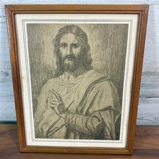 Vintage Jesus Christ Raised Hand in Blessing 1940 Charcoal Drawing with Cert picture