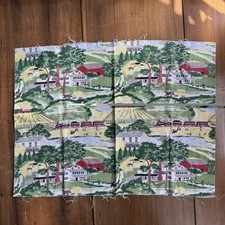 Vintage Mid Century Grandma Moses Barkcloth Fabric 35” X 25 3/4” Remnant picture