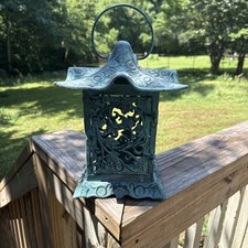 Vintage Partylite Pagoda Patina Green Ivy Garden Lantern Metal Candle Holder picture
